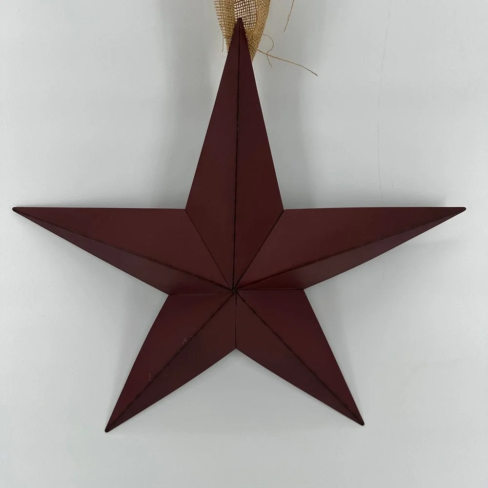 Burgundy Metal Barn Star Wall Decor Primitive Farmhouse 18.5 Inch with Burlap